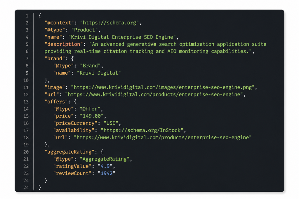 JSON-LD schema markup example for a product page, showcasing structured data fields such as product details, pricing, availability, ratings, and brand information to enhance SEO and rich search results.